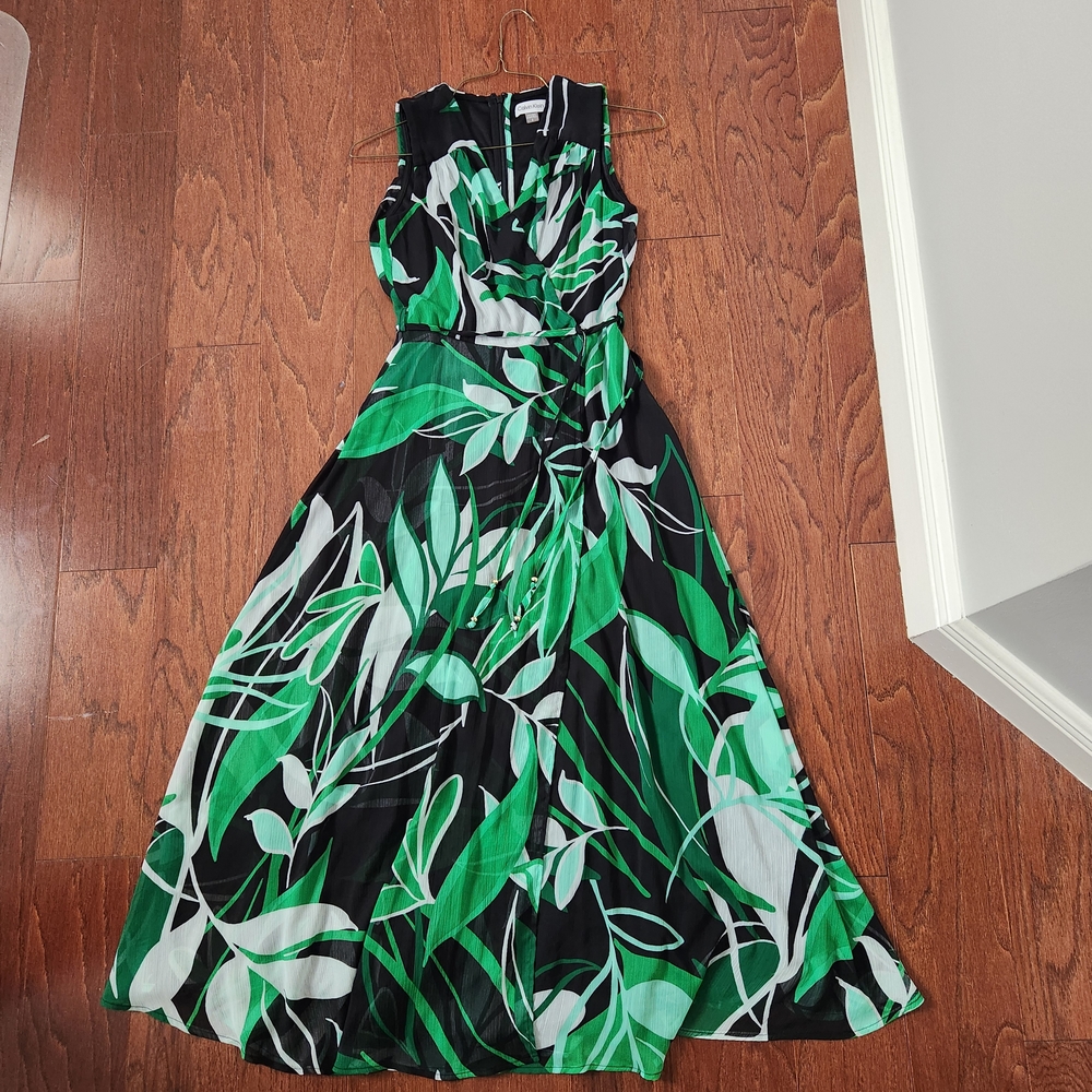 Calvin Klein Black and Green Leaf Maxi Dress Size 2